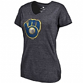 Women's Milwaukee Brewers Fanatics Branded Primary Distressed Team Tri Blend V Neck T-Shirt Heathered Navy FengYun,baseball caps,new era cap wholesale,wholesale hats